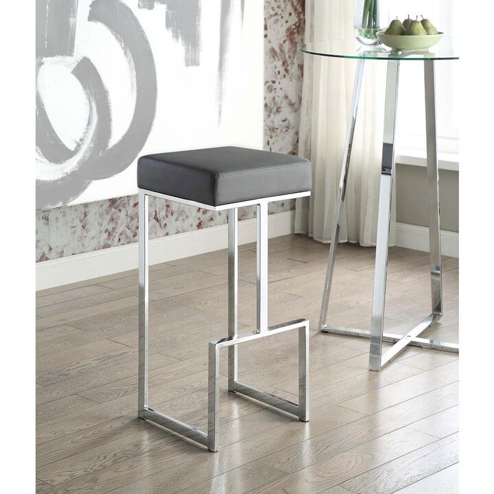 31 Inch Modern Bar Stool, Vegan Faux Leather, Backless, Chrome, Silver - Benzara