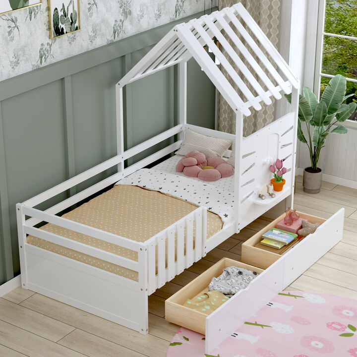 Merax House Platform Bed with 2 Drawers and Guardrails