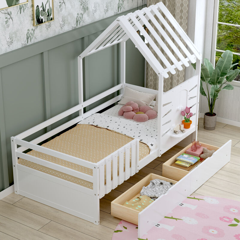 Merax House Platform Bed with 2 Drawers and Guardrails