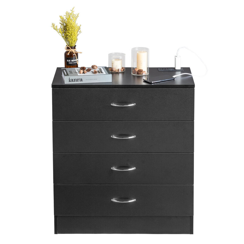 4-Drawer Nightstand Dresser in PB Wood with USB Ports & Outlet for Bedroom Storage