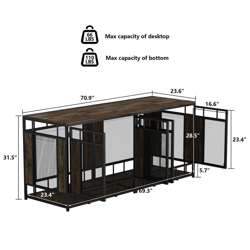Dog House Large Pet Crate Furniture, Indoor Mesh and Wooden Dog Kennels for 2 Medium or Large Dogs, Walnut and Black