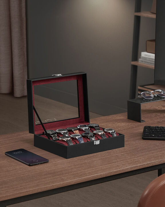 10-Slot Box with Glass Lid Jewelry Holder Case with Removable Pillow