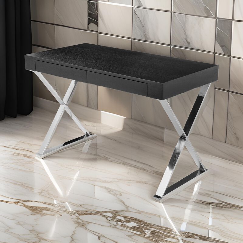 Rix 47 Inch Office Desk, Black Wood Top, 2 Drawers, X Polished Steel Legs - Benzara