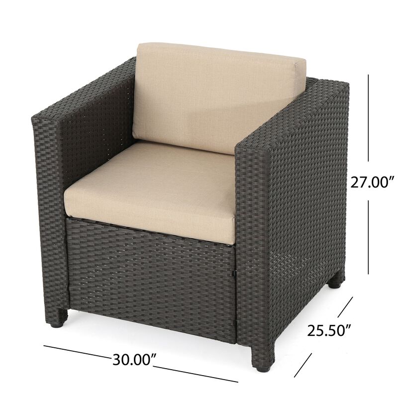 Elza Outdoor Accent Chair, Iron, Brown Faux Rattan Wicker, Beige - Benzara