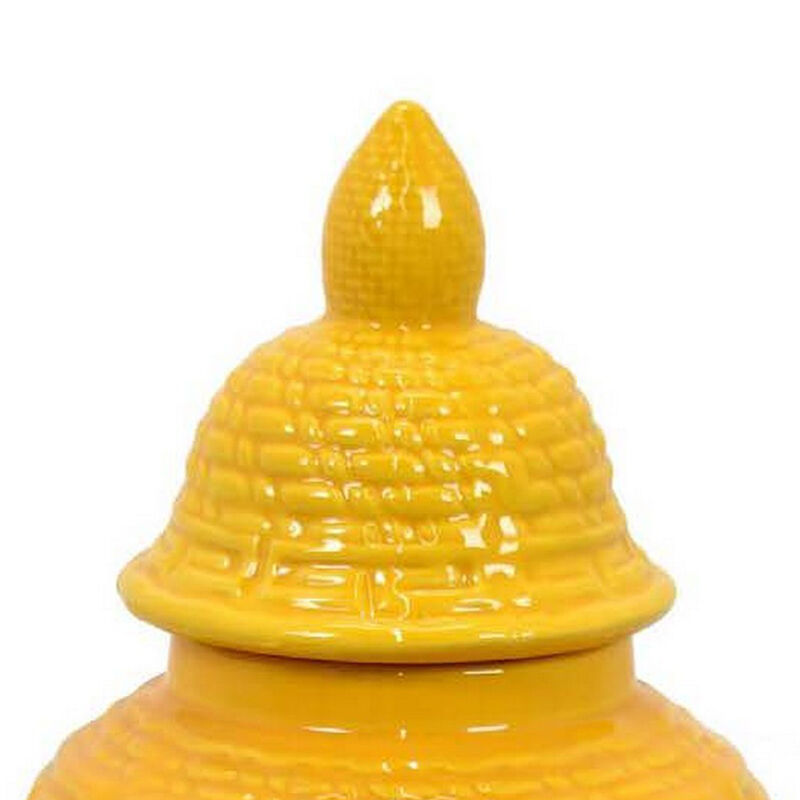 Bryan 13 Inch Ceramic Temple Jar, Geometric Print, Finial Top, Yellow - Benzara