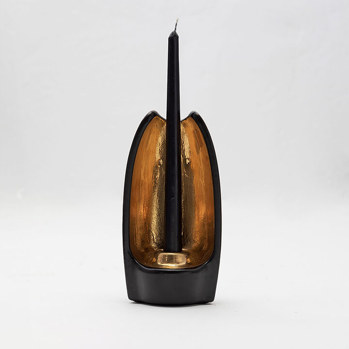 ABSOLUTO Decorative Ceramic Candleholder in Black Glaze with Gold Luster Details, by ANDEAN, In Stock