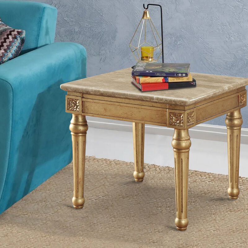 Marble Top End Table With Fluted Detail Wooden Turned Legs, Gold-Benzara
