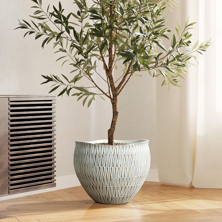 LuxenHome White with Gold V-Pattern Polyresin 12-Inch Round Planter