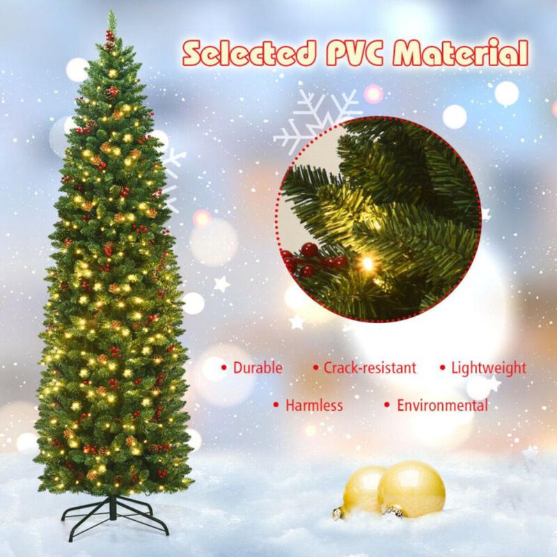 Hivvago 7.5 Feet Pre-lit Hinged Pencil Christmas Tree with Pine Cones Red Berries