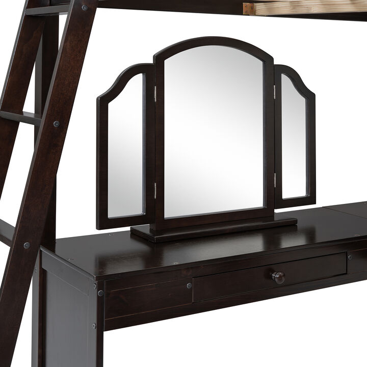 Wooden Loft Bed with U-Shaped Desk, Storage Compartments, and Tri-Fold Mirror