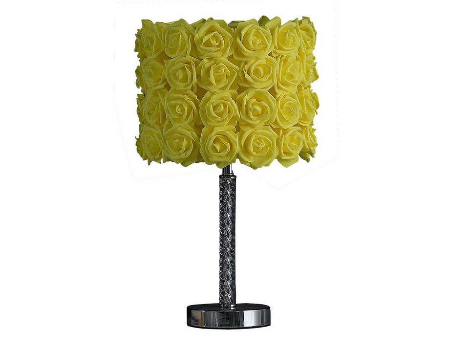 Bloom Roses Drum Shade Table Lamp with Twisted Acrylic Base, Yellow - Benzara