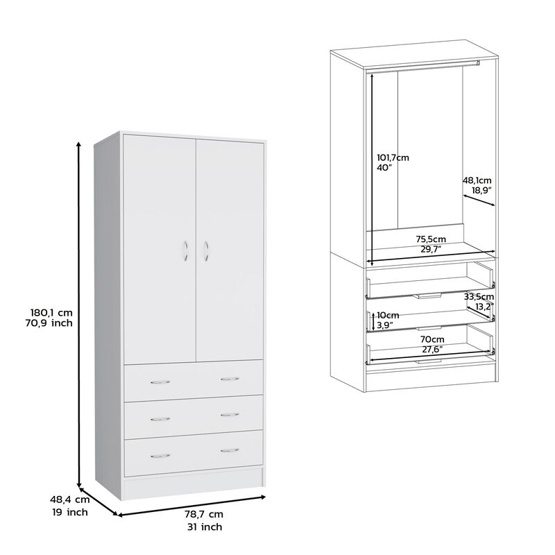 Melfa 71" H Armoire, with 2 doors, 3 drawers and 1 hanging rod, White,Bedroom