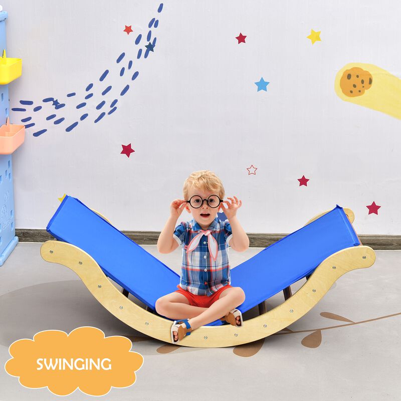 3-in-1 Kids Climber Set Wooden Arch Triangle Rocker with Ramp and Mat