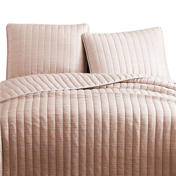 3 Piece Crinkles Queen Size Coverlet Set with Vertical Stitching, Pink-Benzara