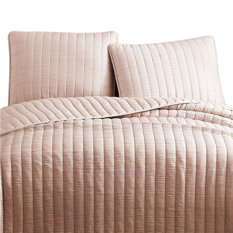 3 Piece Crinkles Queen Size Coverlet Set with Vertical Stitching, Pink-Benzara