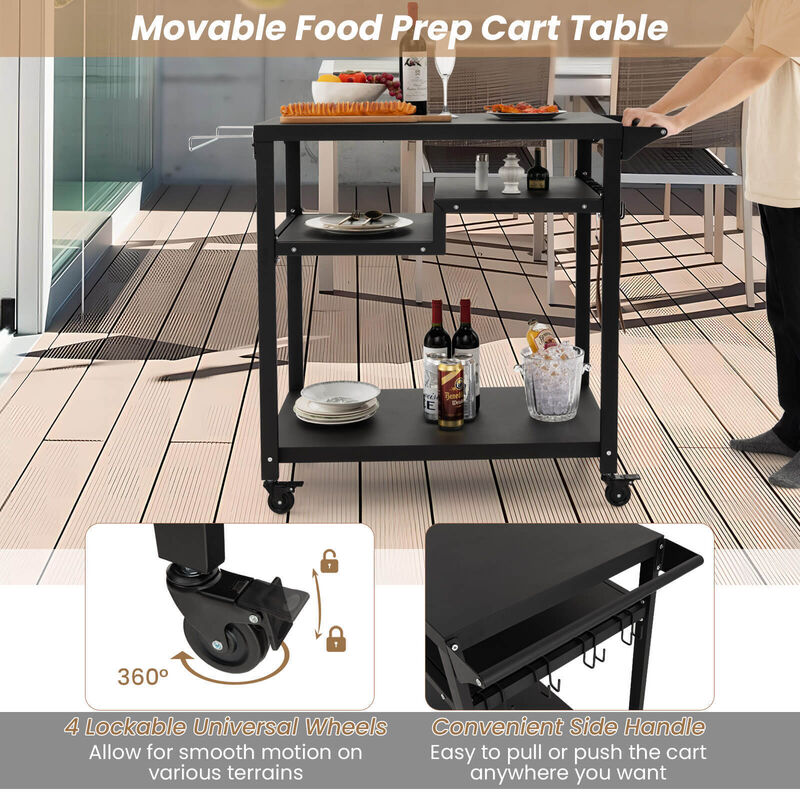 Rolling Grill Cart 3-Shelf BBQ Cart with Hooks and Side Handle-Black