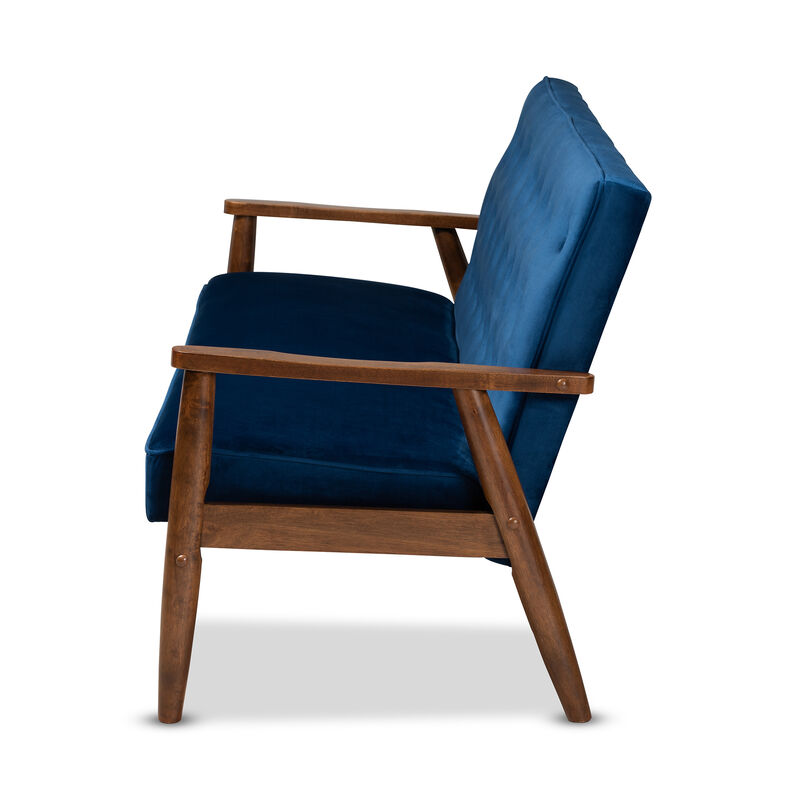 Baxton Studio Sorrento Navy Velvet Fabric Upholstered Walnut Finished Wooden 3 seater Sofa