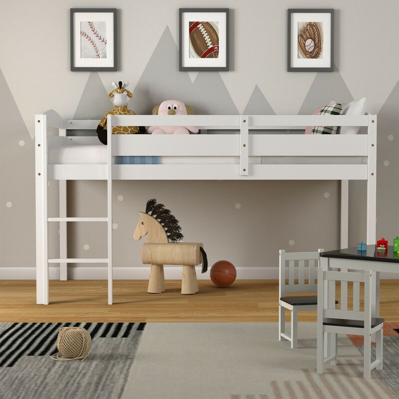Wooden Twin Low Loft Bunk Bed with Guard Rail and Ladder.