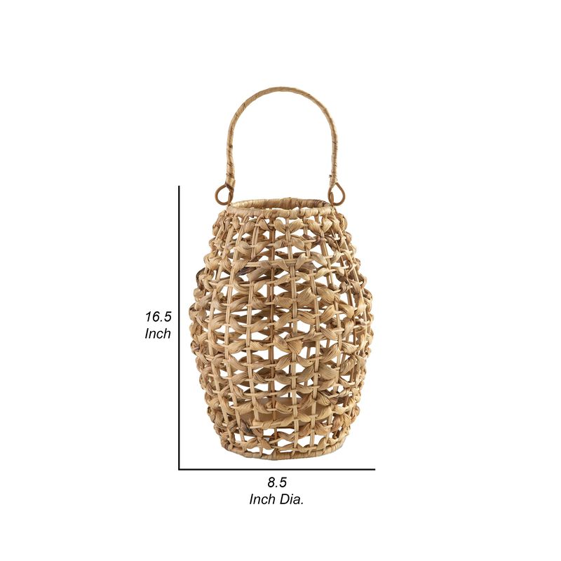 Enna 17 Inch Lantern, Bohemian Style, Candle Stand, Brown Rattan Woven - Benzara