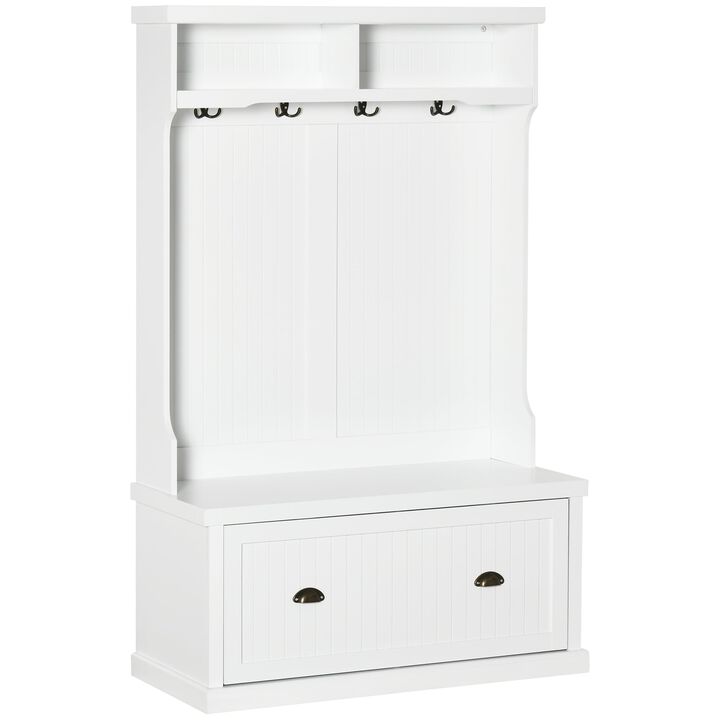 White Entryway Organizer: Modern Hall Tree with Shoe Bench & Coat Hooks