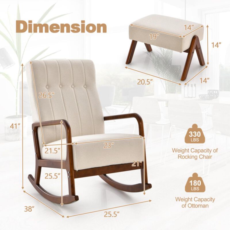 Hivvago Rocking Chair with Ottoman and Solid Rubber Wood Frame and Padded Cushion