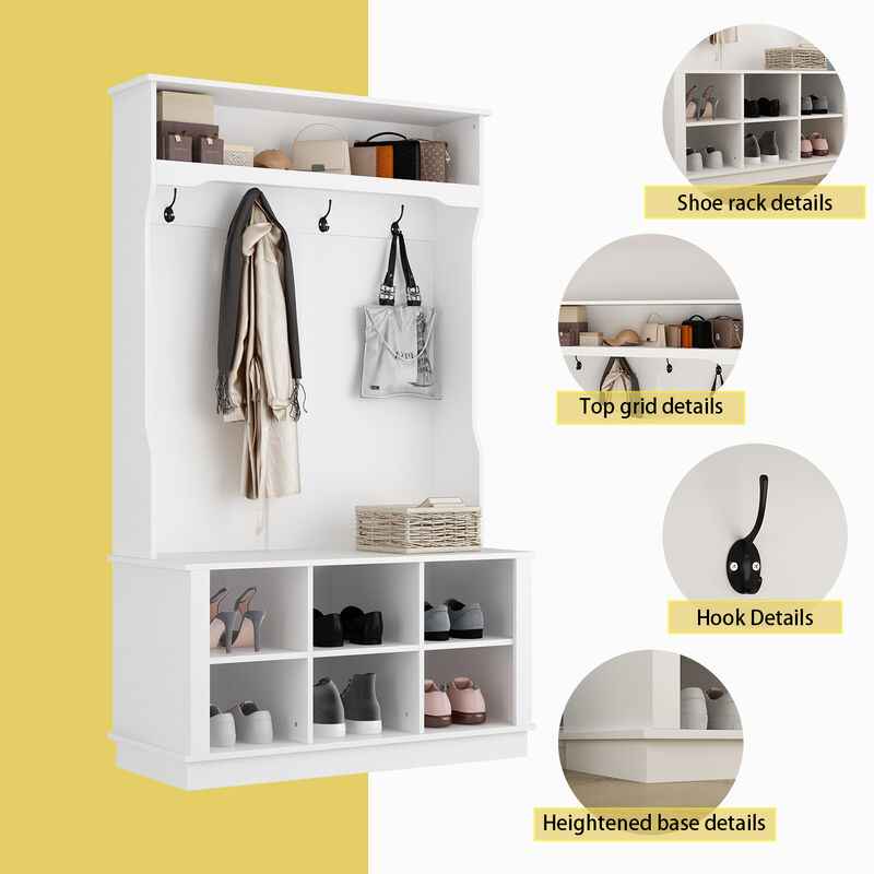 White Painted Hall Tree with Bench and Storage Cubbies