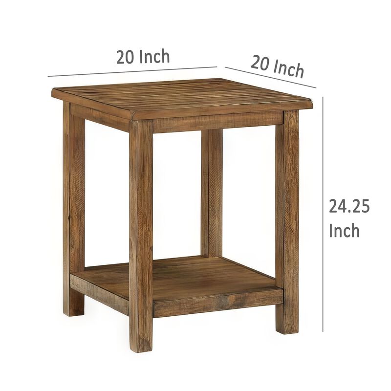 Ayne Side End Table, 1 Shelf, Distressed Brown Wood, Square 20 Inch - Benzara