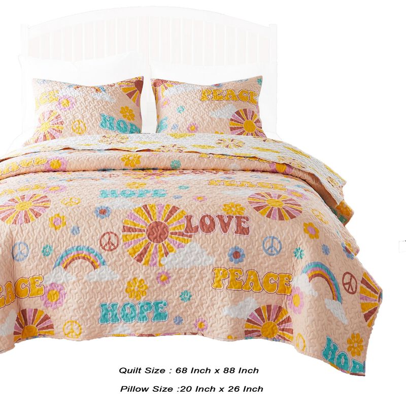 Berlin 2 Piece Microfiber Rainbows and Clouds Print Twin Quilt Set, Beige - Benzara