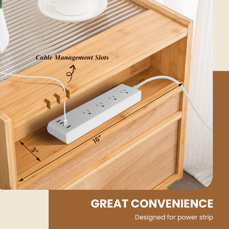 Bamboo Rattan Nightstand with Drawer and Solid Wood Legs
