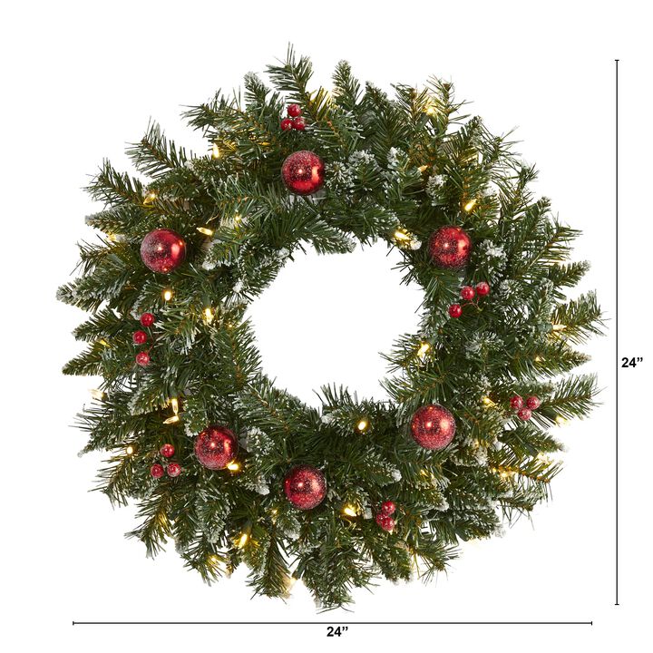 Hivvago 24" Frosted Artificial Christmas Wreath with 50 Warm White LED Lights, Ornaments and Berries