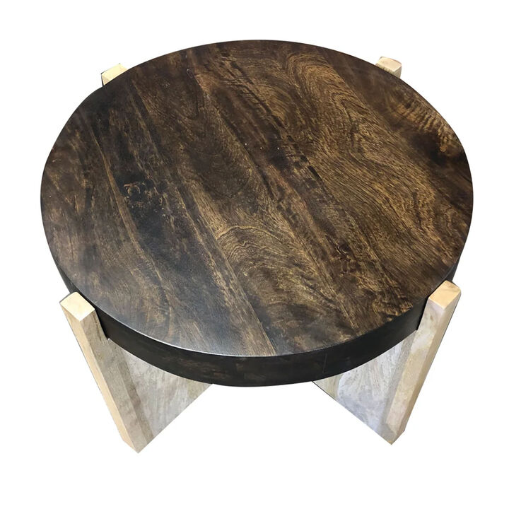 Oza 24 Inch Round Side Table, Distressed Top, Crossed Base, Rich Brown - Benzara
