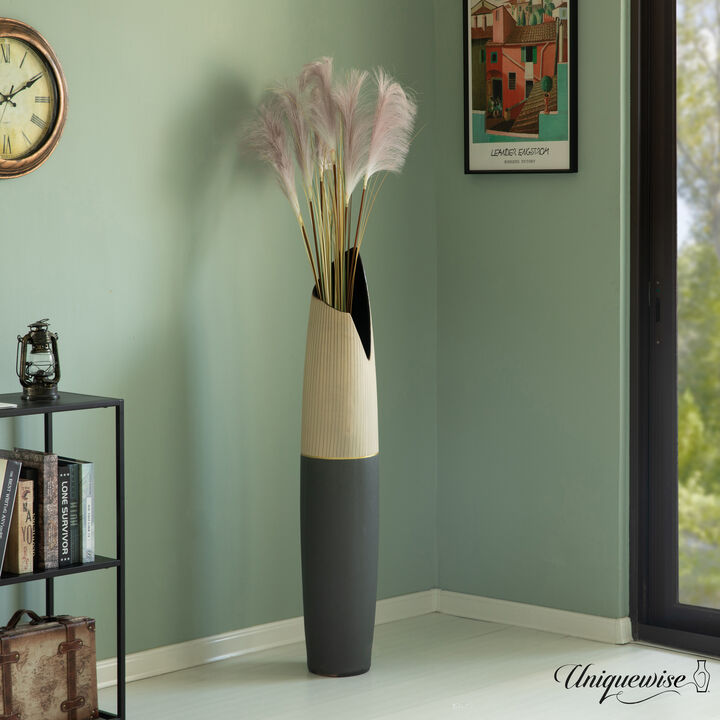45-Inch Tall Freestanding Ceramic Floor Vase - Handcrafted Beige Polka Dot Striped Top and Black Bottom, Large Waterproof Vase for Tall Floral Arrangements, Unique Shaped Flower Holder