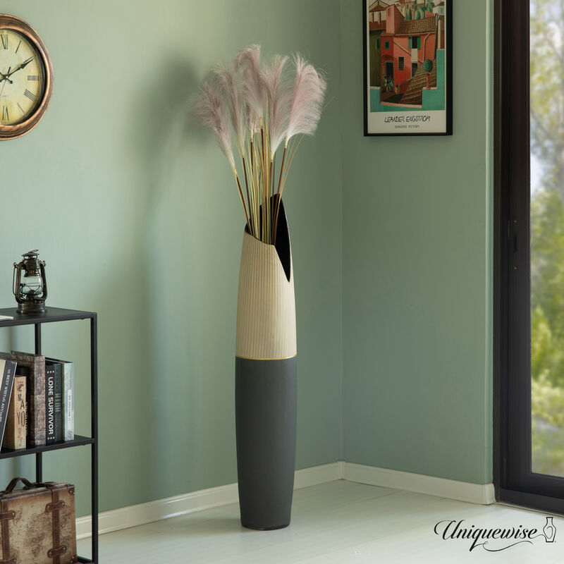 45-Inch Tall Freestanding Ceramic Floor Vase - Handcrafted Beige Polka Dot Striped Top and Black Bottom, Large Waterproof Vase for Tall Floral Arrangements, Unique Shaped Flower Holder