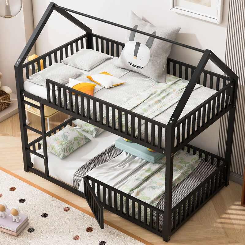 Merax House Bunk Bed with Fence and Door