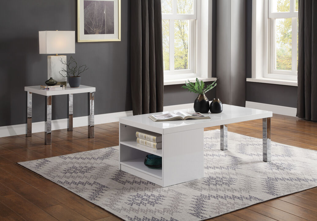 ACME Harta End Table, White High Gloss & Chrome