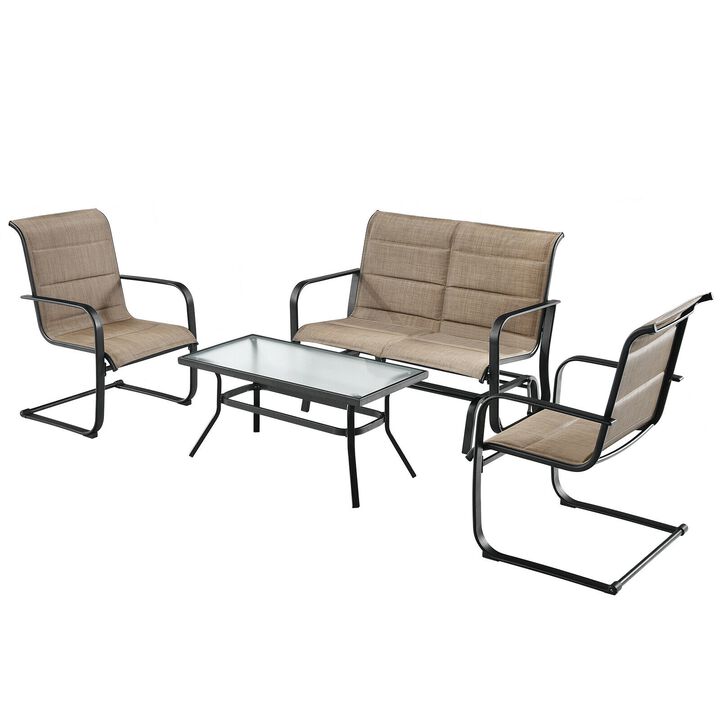 4 Pieces Outdoor Patio Conversation Sets with Padded Glider Loveseat and Coffee Table