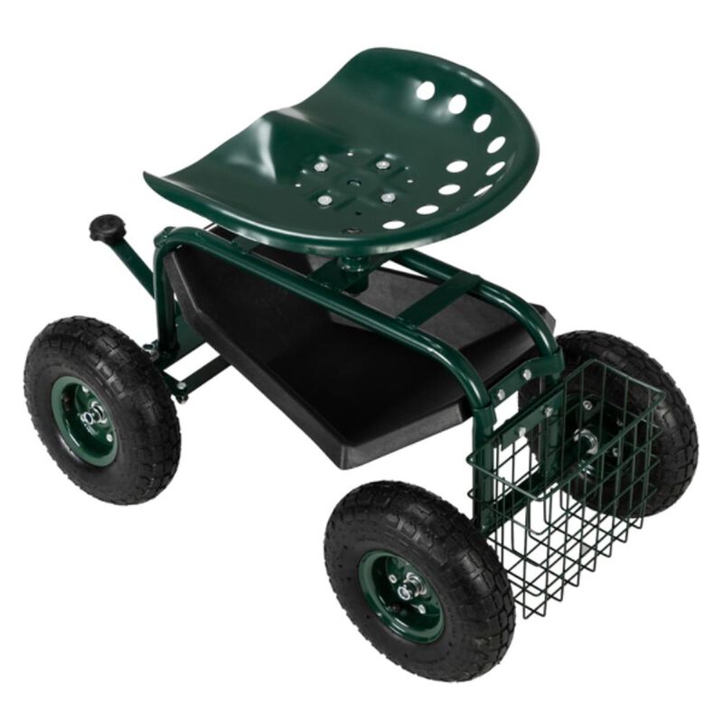 Short Handle Garden Seat Cart Portable Rolling Seat with Storage for Easy Gardening & Yard Work