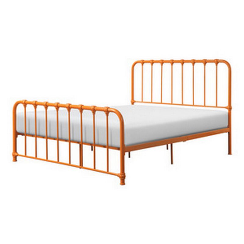 Ethan Queen Size Bed, Classic Open Slatted Metal Frame Design, Orange - Benzara