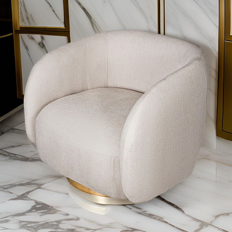 Eros 35 Inch Swivel Accent Chair, Plush White Fabric Upholstery, Gold Base - Benzara