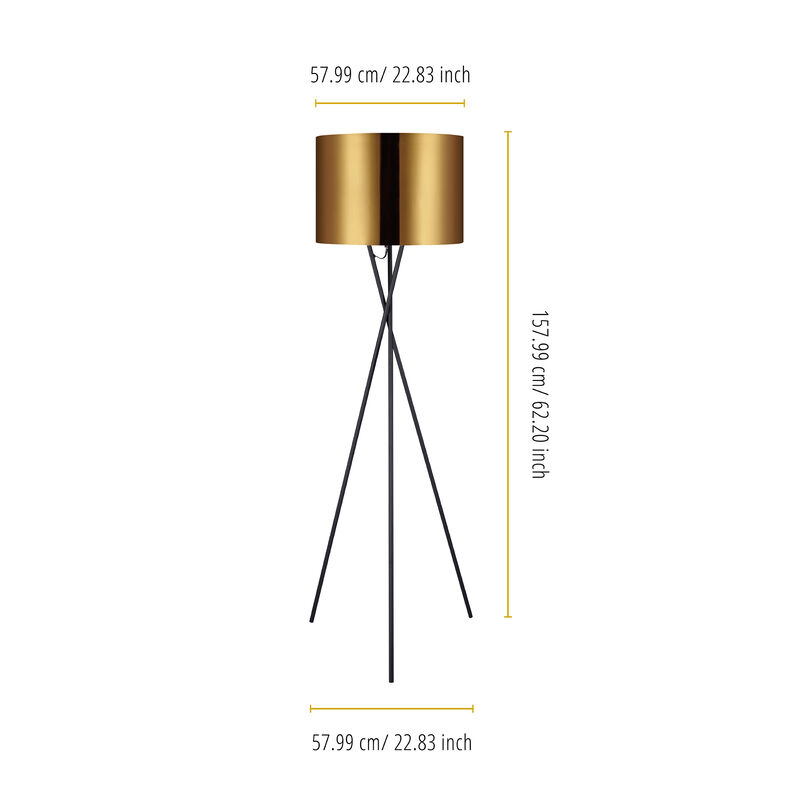 Teamson Home Cara 62.2" Modern Metal Tripod Floor Lamp with Drum Shade, Black/Gold