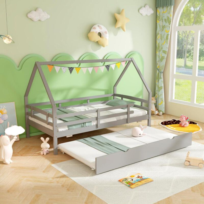 Hivvago Twin House Bed with Trundle and Fence Rail
