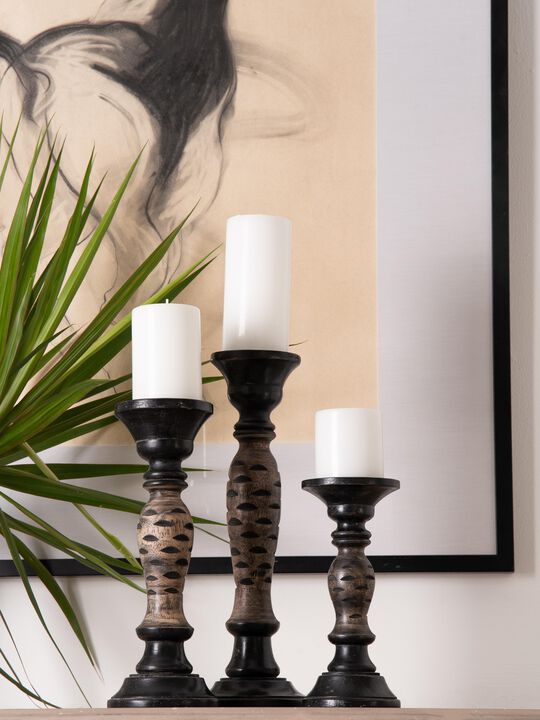 Traditional Dark Polish Eco-friendly Handmade Mango Wood Set Of Three 6",9" & 12" Pillar Candle Holder BBH Homes
