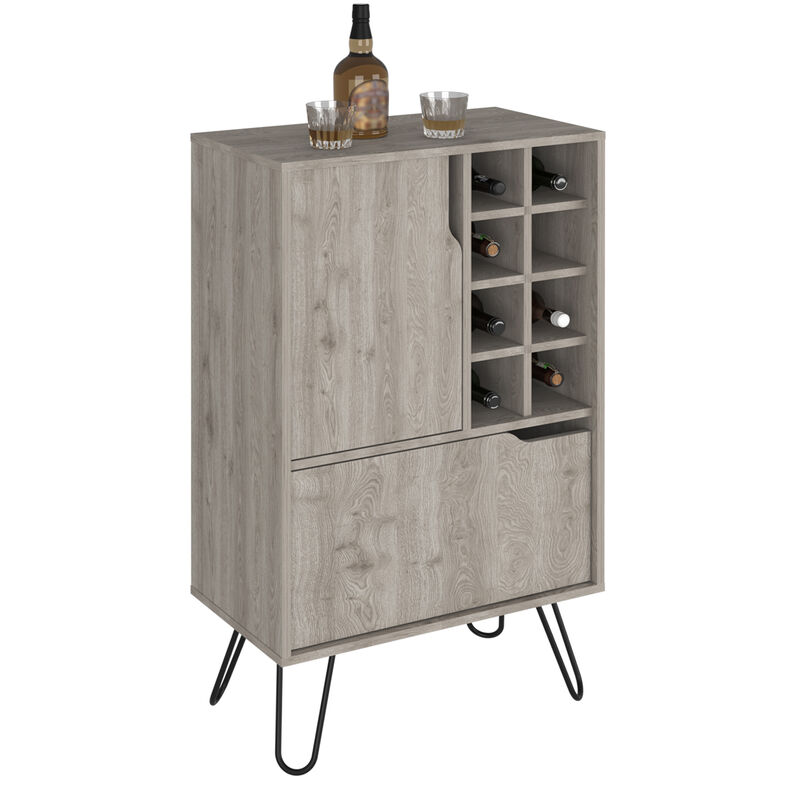 DEPOT E-SHOP Zamna L Bar Single Door Cabinet, Eight Built-in Wine Rack, Four Legs, Light Gray