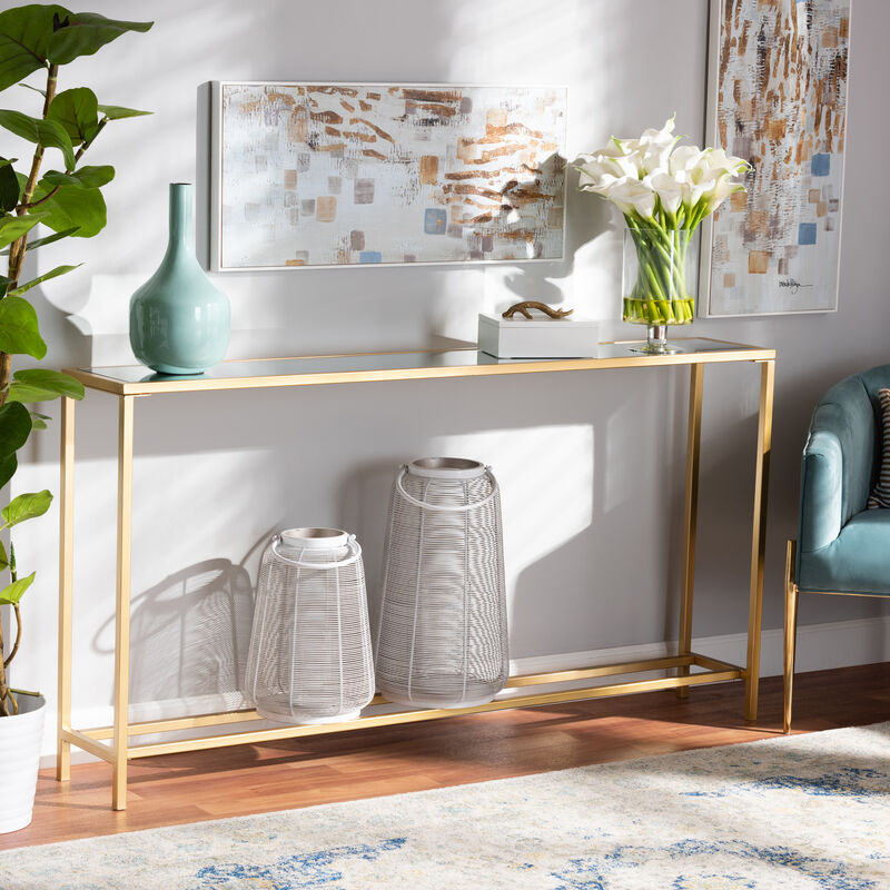 Baxton Studio Alessa Modern Glam Gold Finished Metal And Mirrored Glass Console Table