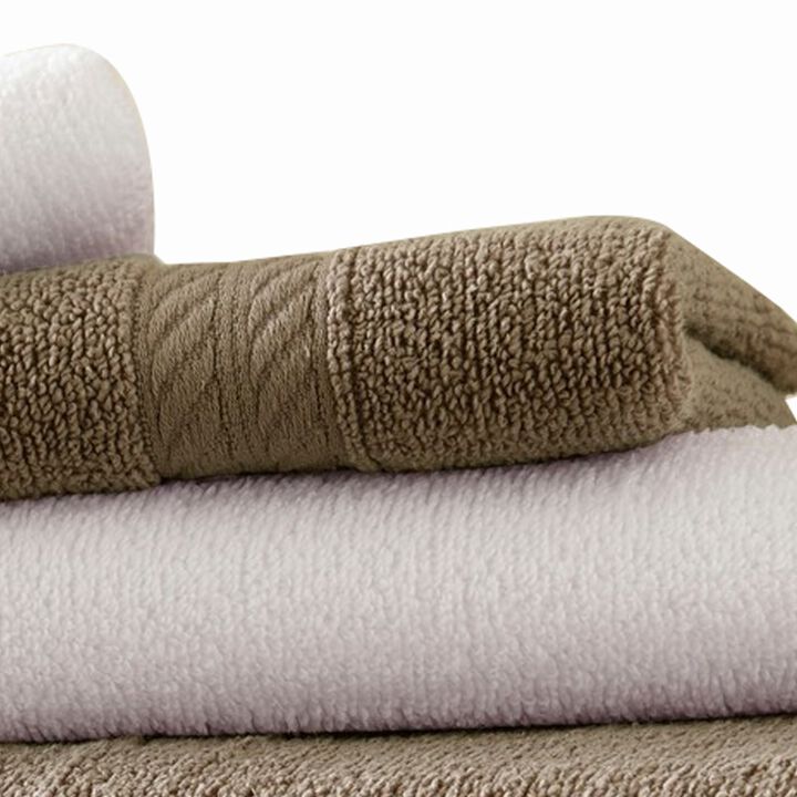 Dana 6 Piece Soft Egyptian Cotton Towel Set, Striped Pattern, Taupe, White-Benzara