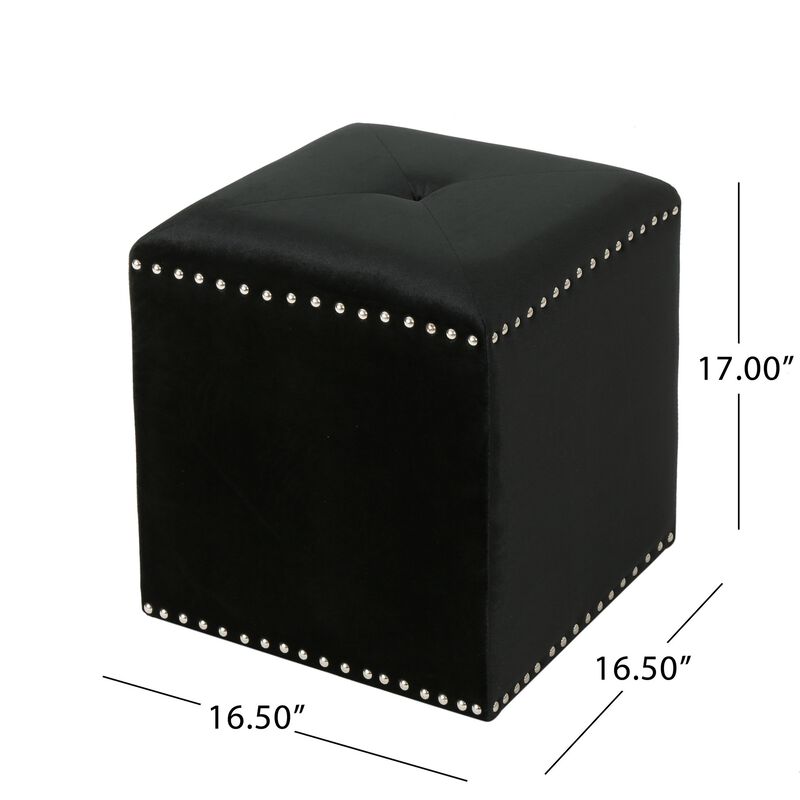 Neli Ottoman, Black Velvet, Single Tuft on Top, Nailhead Trim, 17 Inch - Benzara