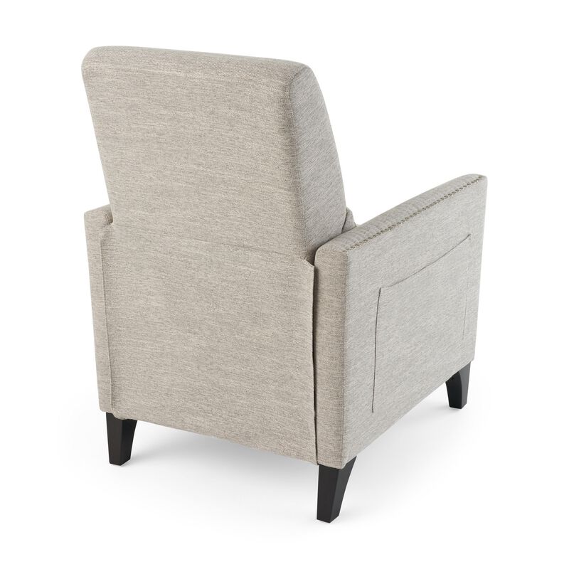 Davy Pushback Recliner Chair, Nailhead Trim, Birch Wood, Gray Fabric - Benzara