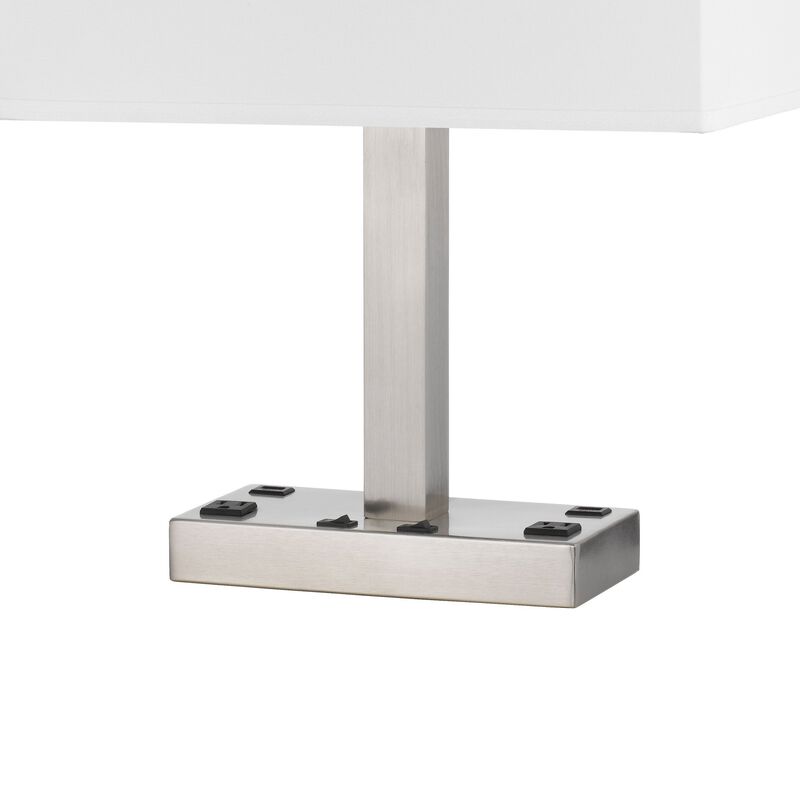 Colm Table Lamp, 2 Ports and 2 Power Outlets, Brushed Steel 21 Inch - Benzara