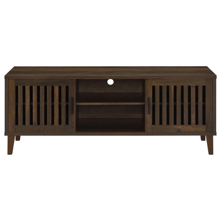 Sid TV Stand Media Cabinet, 2 Slatted Doors, Shelf, Brown Wood 60 Inch - Benzara