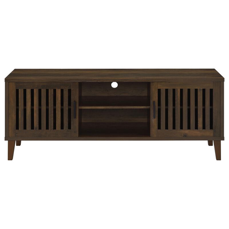 Sid TV Stand Media Cabinet, 2 Slatted Doors, Shelf, Brown Wood 60 Inch - Benzara